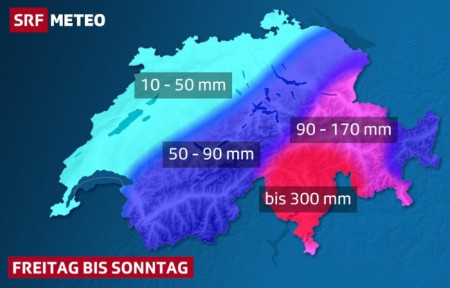 SRF Meteo: Ab heute im Tessin und in Teilen Graubündens Hochwassergefahr. In Mittel- und Nordbünden, im Oberengadin, im Glarner- und Sarganserland muss ebenfalls mit 90 bis lokal 150 mm Niederschlag gerechnet werden.