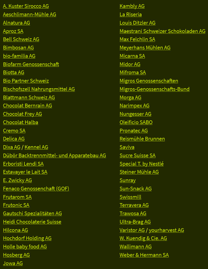 Das sind die Mitglieder der IG BIO. Noch nicht aufgeführt auf der Mitgliederliste sind neue: Schweizer Zucker AG, Spécial T. by Nestlé, Chocolat Schönenberger AG