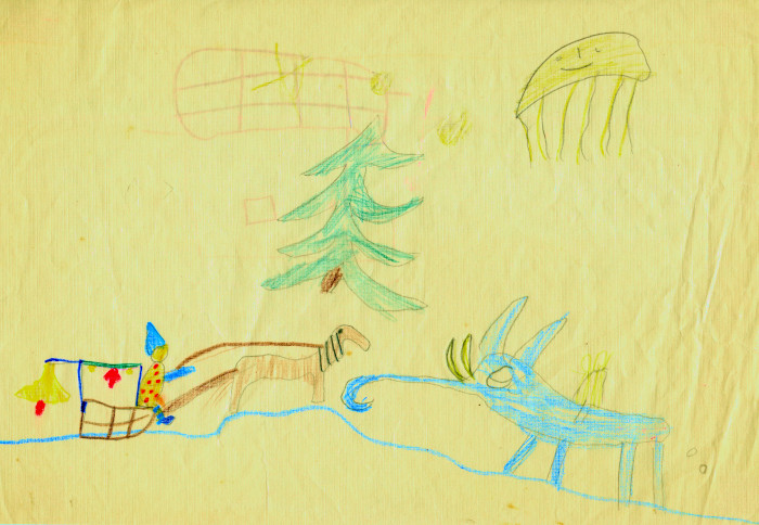 Früher diente als Zeichnungspapier häufig "Abfallpapier", einseitig bedrucktes oder wie hier dünnes Papier. Das 4x3 Gitter ist der Beginn einer Zeichnung auf der Rückseite. Die Sonne scheint. Temperaturvoraussage für heute in der Schweiz 10 bis 14°C. Frohe Weihnachten wünscht Ihnen Heidi.